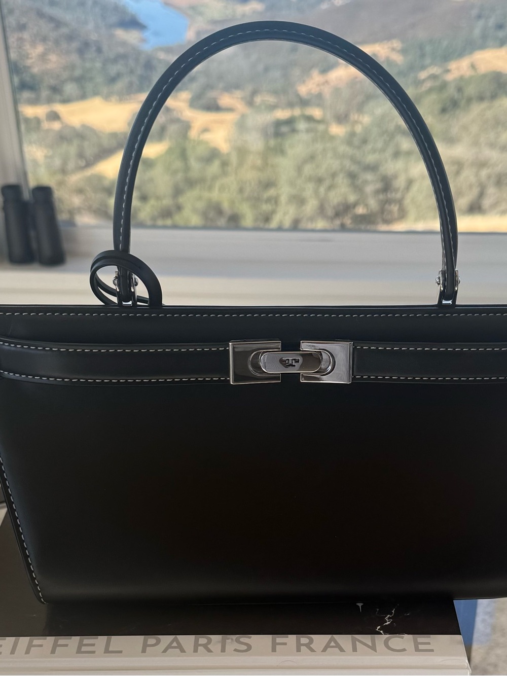 Tory Burch Black Leather Top-Handle Satchel with Silver Hardware